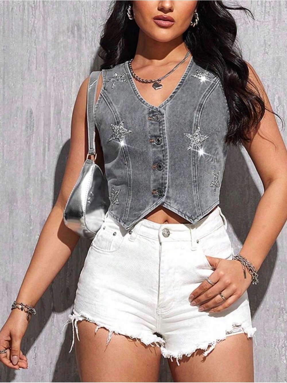 SHEIN SXY Women's Sequin Star Single-Breasted
Denim Vest